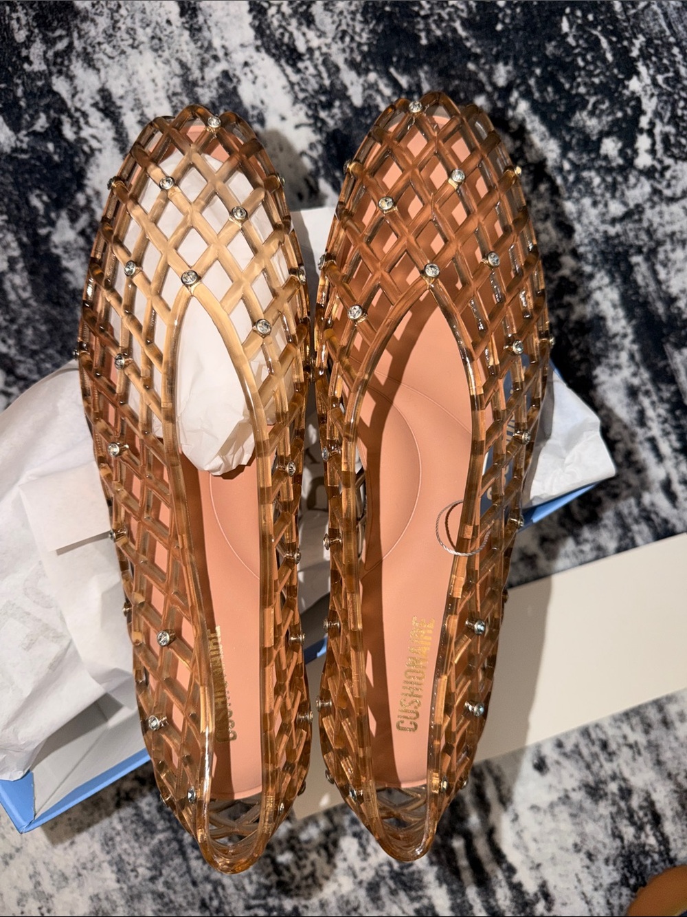 Crystal-Embellished Nude Amber Jelly Flats - Women